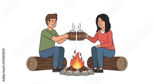 Couple Toasting with Beer by Campfire Sitting on Logs.