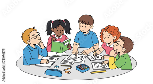 Group of Diverse Children Studying Together at Table.