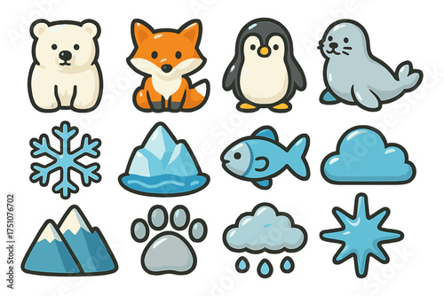 Cute arctic animals and ice elements cartoon clipart for kids' designs