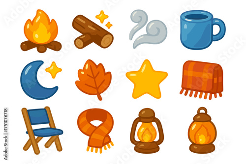 Cozy autumn icons featuring fire, leaves, tea, and warm lanterns for seasonal designs