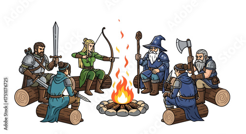 Diverse fantasy adventure party characters gathered around a warm campfire sitting on logs.
