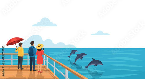 People on Ship Deck Watching Playful Dolphins Jump in Blue Ocean.
