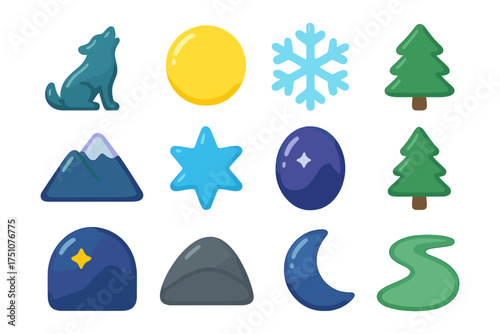 Colorful nature and nighttime icons set with trees and celestial symbols