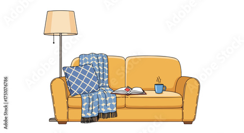 Cozy home scene with a sofa, lamp, book and hot drink in a minimal illustration style for relaxation concepts