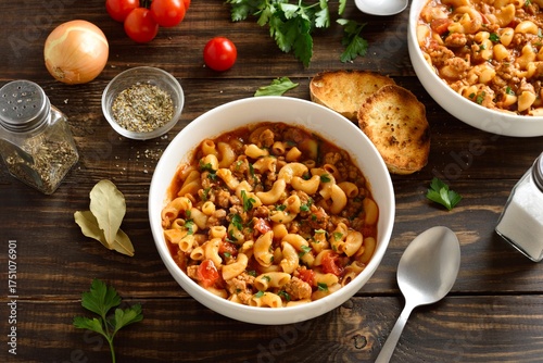 Foto American goulash, dish with ground beef and elbow macaroni in tomato sauce