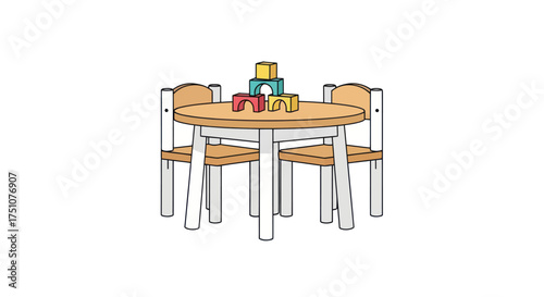 Illustrated Childrens Wooden Round Table and Chairs with Colorful Building Blocks.