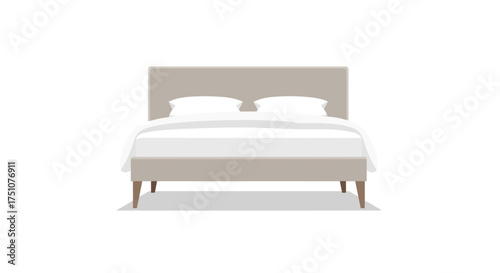 Modern upholstered bed with white linens and pillows.