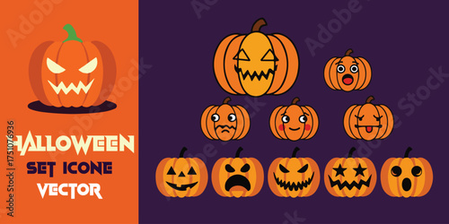 Spooky halloween pumpkin faces set with carved expressions ideal for holiday designs and decorations great for festive themes
