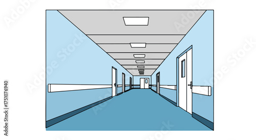 Stylized hospital corridor illustration depicts an endless path perspective perspective featuring architectural elements and clinical design details