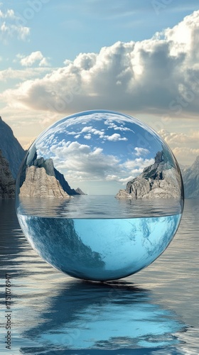 Surreal Landscape Encapsulated: Water Sphere Reflecting Mountains and Sky