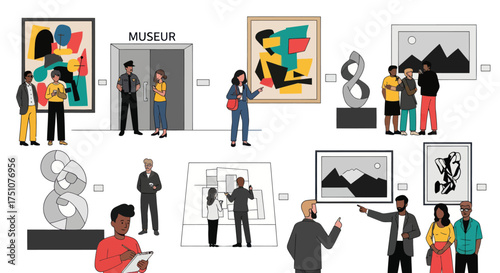 Diverse Visitors Exploring Modern Art Exhibits in a Museum Setting.