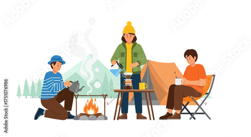 Three friends enjoying a camping trip with a campfire and tent.