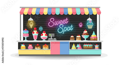 Colorful Sweet Spot Shop with Cakes Desserts and Neon Sign.