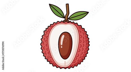 Illustration of a Cross-Section of a Lychee Fruit with its Textured Rind and Shiny Seed Isolated on White Background