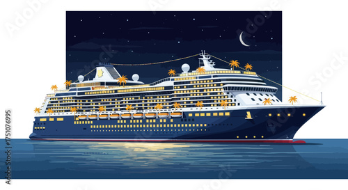Illuminated cruise ship sailing on calm water under a starry night sky with crescent moon.