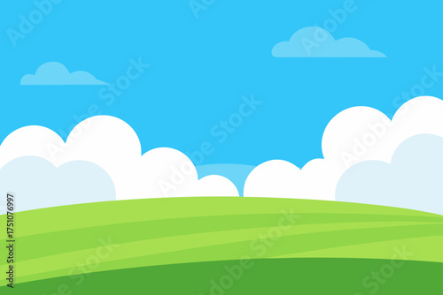 A cartoon landscape with sky clouds and green hill on transparent background