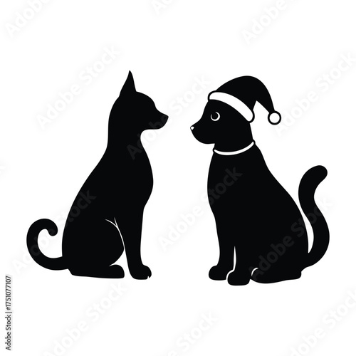  Cute cat and dog wearing Santa hats silhouette on white background