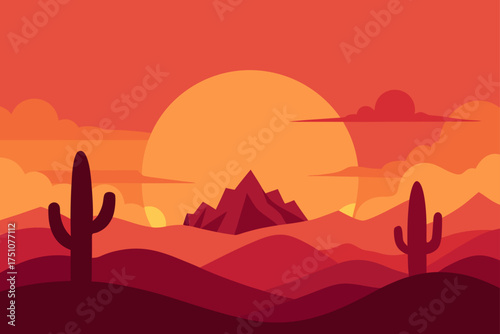 Desert landscape with cactus and sunset illustration on transparent background