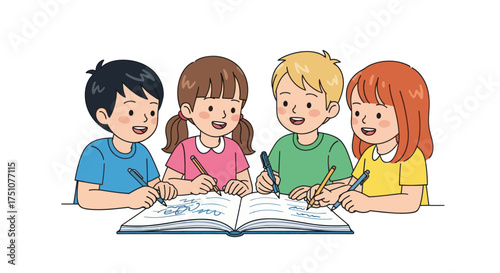 Four diverse children gathered around an open book actively learning and writing together.