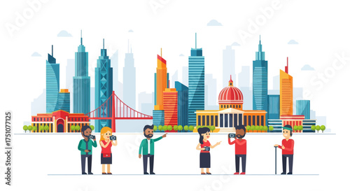 Diverse group of people in front of a vibrant city skyline with iconic landmarks.
