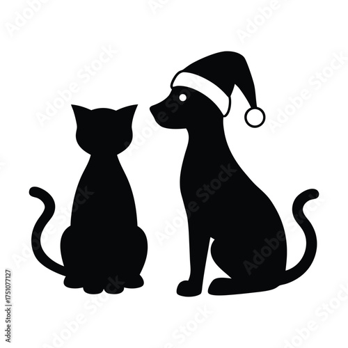  Cute cat and dog wearing Santa hats silhouette on white background