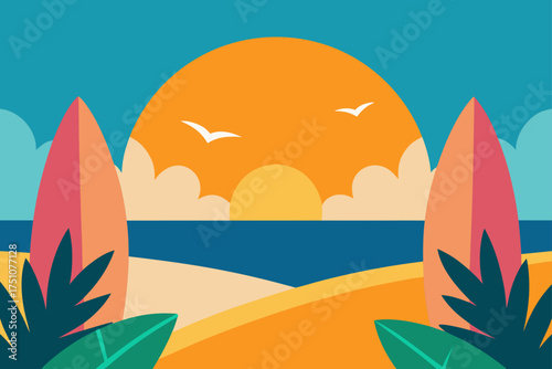 Beach scene with surfboards and a bright sun setting on transparent background
