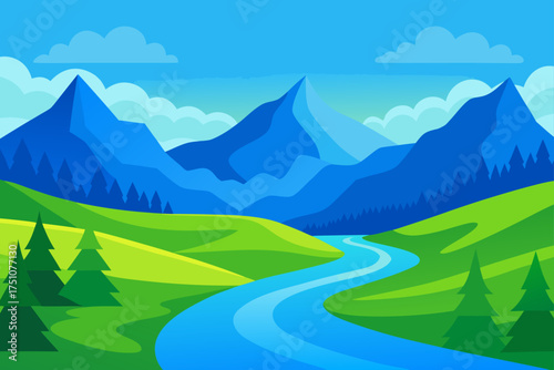 Landscape with mountains river and green field view on transparent background
