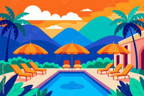 Illustration of a resort pool with chairs and trees on transparent background