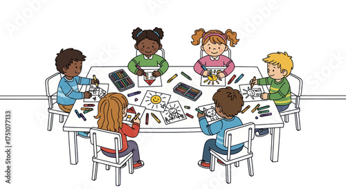 Diverse group of children drawing and coloring together at a long classroom table.
