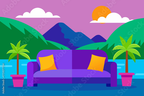 Illustration of a couch with mountain background on transparent background