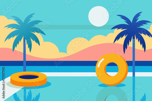 Tropical pool scene with palm trees and floatation on transparent background