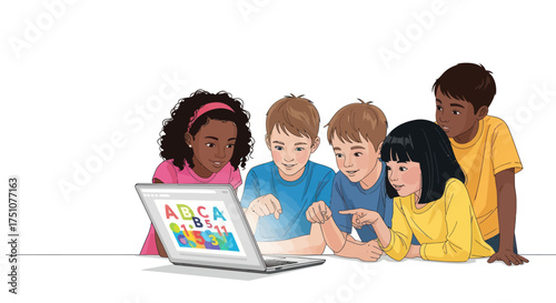 Diverse Children Learning Together with Laptop Engaged in Online Education.