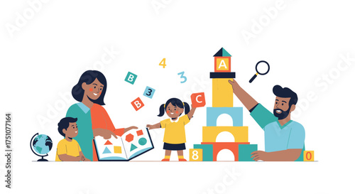Diverse Family Learning and Playing with Educational Toys.