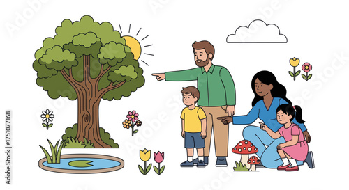 Diverse Family Exploring Nature Father Pointing at Vibrant Green Tree and Sun.