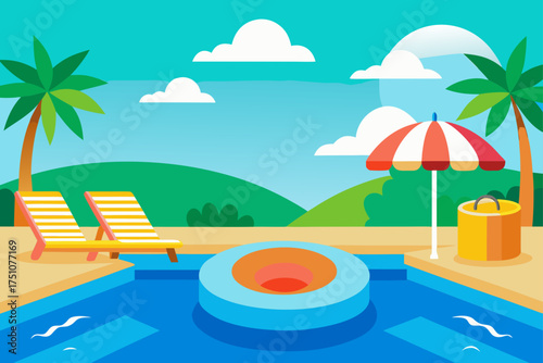 Illustration of a pool scene with palm trees and sun on transparent background