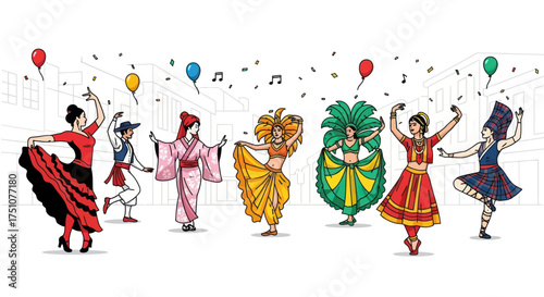 Diverse group of people in traditional cultural costumes dancing joyfully.