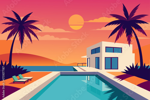 Modern house with pool and palm trees at sunset time on transparent background