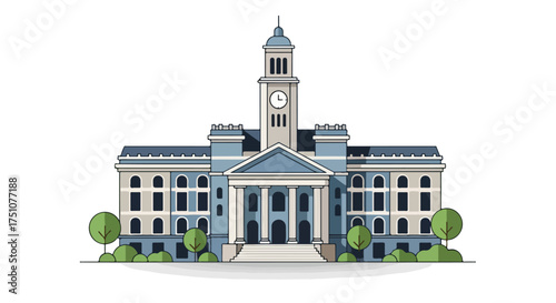 Illustration of a grand institutional building with a clock tower and classical architectural elements set against a white background