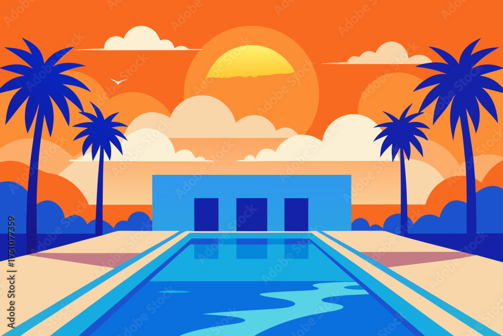 Obraz premium Poolside view with palms and building at sunset on transparent background