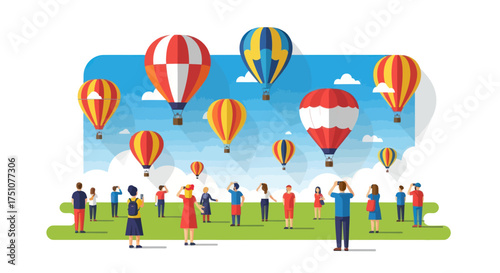 Colorful Hot Air Balloons Flying at a Festival with Spectators.