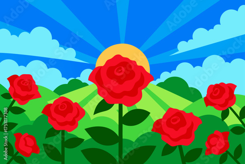 Red roses in a field under a sunny sky cartoonish on transparent background