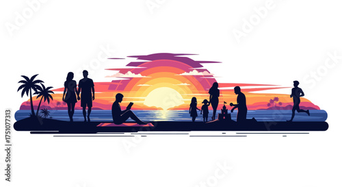 Silhouettes of people enjoying a vibrant sunset on a tropical beach with palm trees.