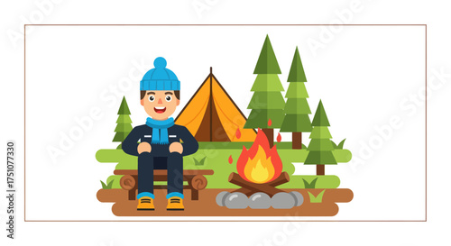 Cheerful boy in winter clothing sitting by a campfire at a campsite.