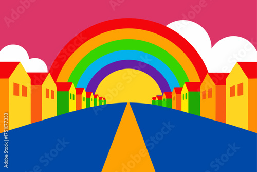 Colorful houses line the road under a bright rainbow on transparent background