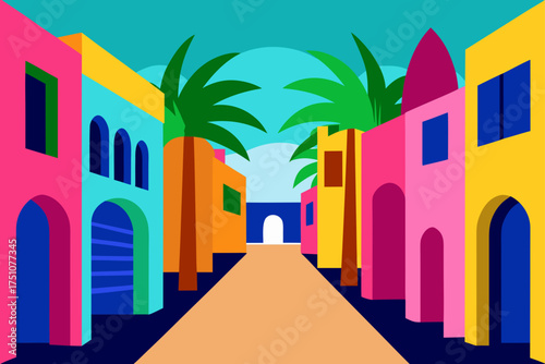 Colorful buildings and palm trees in a sunny street on transparent background