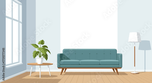 Modern Living Room Interior with Blue Sofa Plant and Floor Lamp.