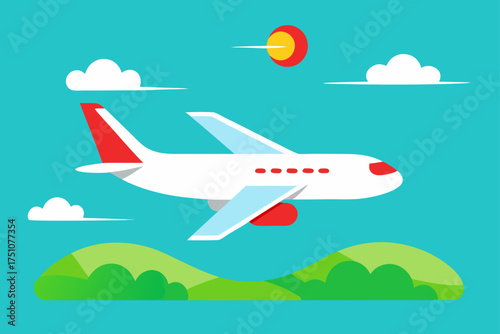 Airplane flying over green hills with sun and clouds on transparent background