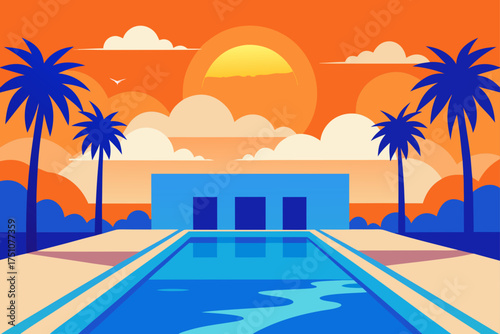 Poolside view with palms and building at sunset on transparent background