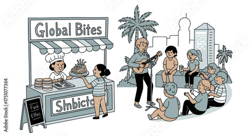 Diverse people enjoying food and music at a vibrant outdoor market stall.