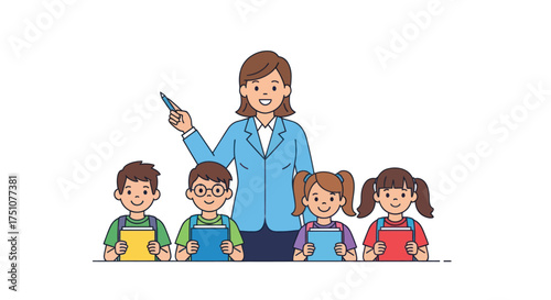 Cheerful teacher with pointer instructing a group of diverse young students.